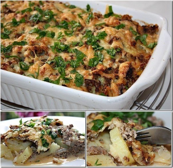 Картофельная запеканка с фаршем и грибами 