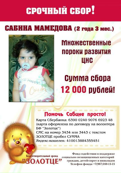 Сабина родилась здоровой. На третьи сутки в связи с резким ухудшением состояния ее перевели в реанимацию. Кислорода во время транспортировки малышке не хватило. Через полгода выяснилось, что эта остановка дыхания привела ребенка к слепоте.