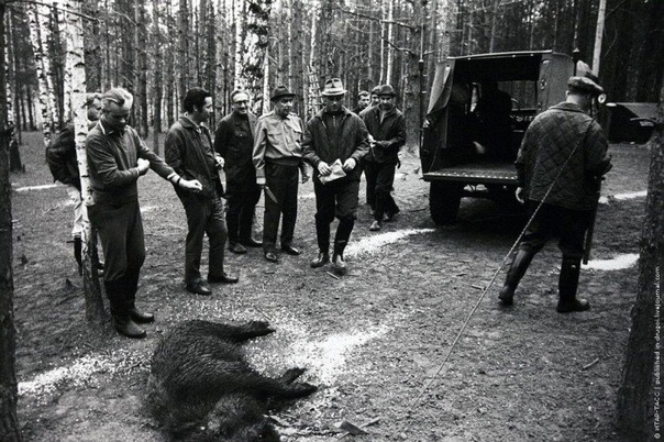 1973 год. Американский госсекретарь Генри Киссинджер(он тут единственный очкарик) на охоте с Леонидом Брежневым(с ножом в руке).